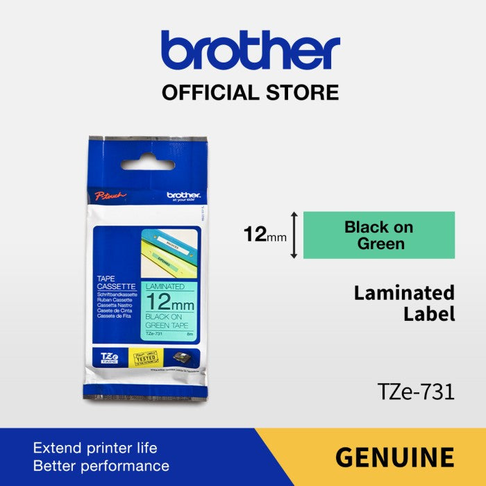 Label Tape Cassete Brother TZE-731 9mm Black on Green