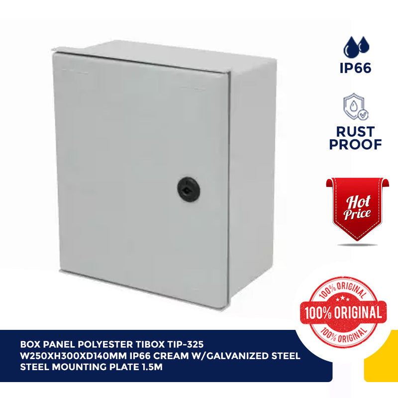 Box Panel Polyester TIBOX TIP-325 W250xH300xD140mm IP66 Cream w/Galvanized Steel Mounting Plate 1.5m