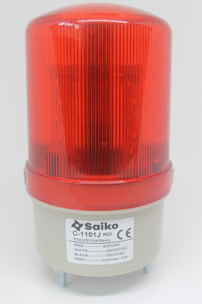 Warning Light 4" Saiko C-1101JR 12-24-220VAC/DC, Rotary/Flash/Steady RED + Buzzer