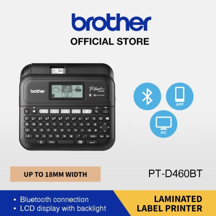 Printer Label Maker Brother PT-D460BT TZe, Office Model, PC Connect, Bluetooth up to 18mm