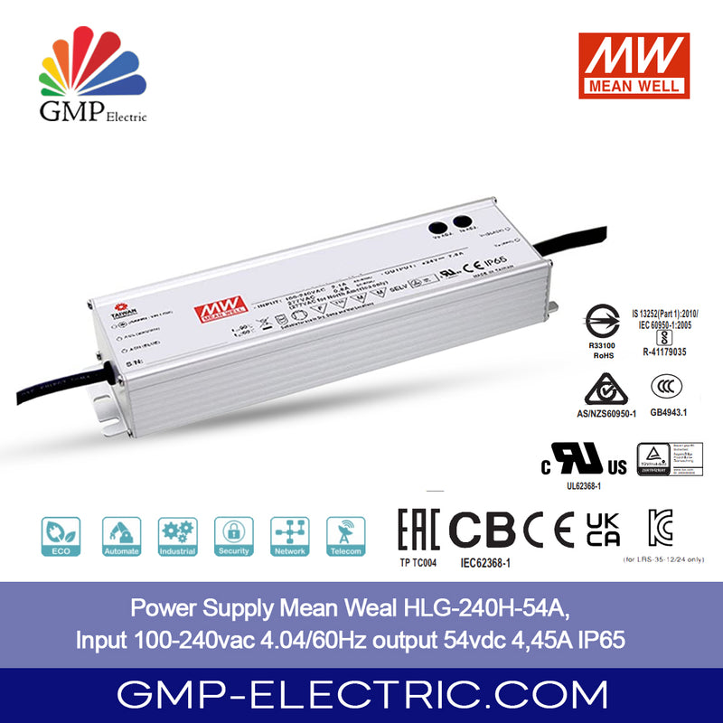 Power Supply Mean Weal HLG-240H-54A,Input 100-240vac 4.04/60Hz output 54vdc 4,45A IP65 / Mean Well / Meanwell