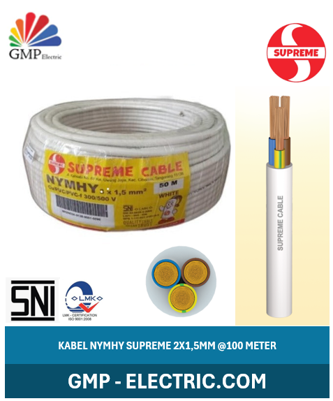 Kabel Serabut Multicore (Color) Supreme NYMHY 2x1,5 mm @100 mtr White 300/500V