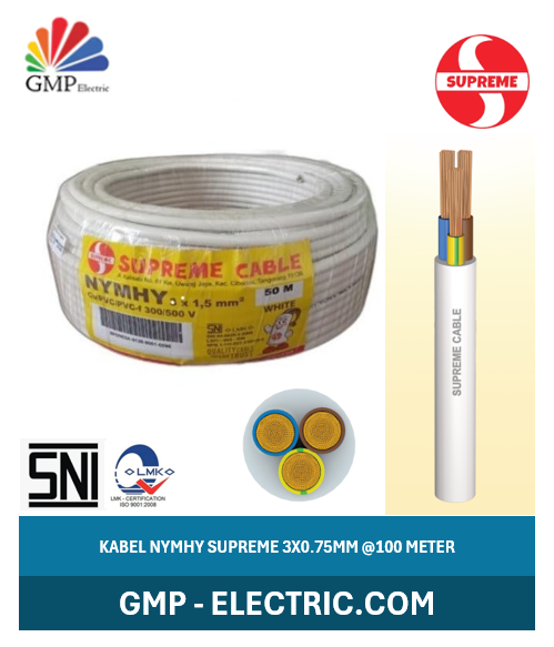 Kabel Serabut Multicore (Color) Supreme NYMHY 3x0,75 mm @100 mtr White 300/500V