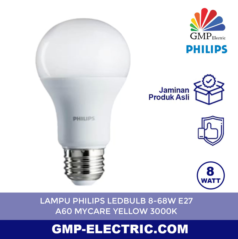 Lampu Philips LEDBulb 8-68W E27 A60 MyCare Yellow 3000K