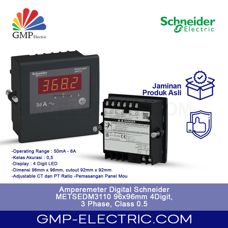 Ampere meter Digital Schneider METSEDM3110 96x96mm 4Digit, 3 Phase, Class 0.5