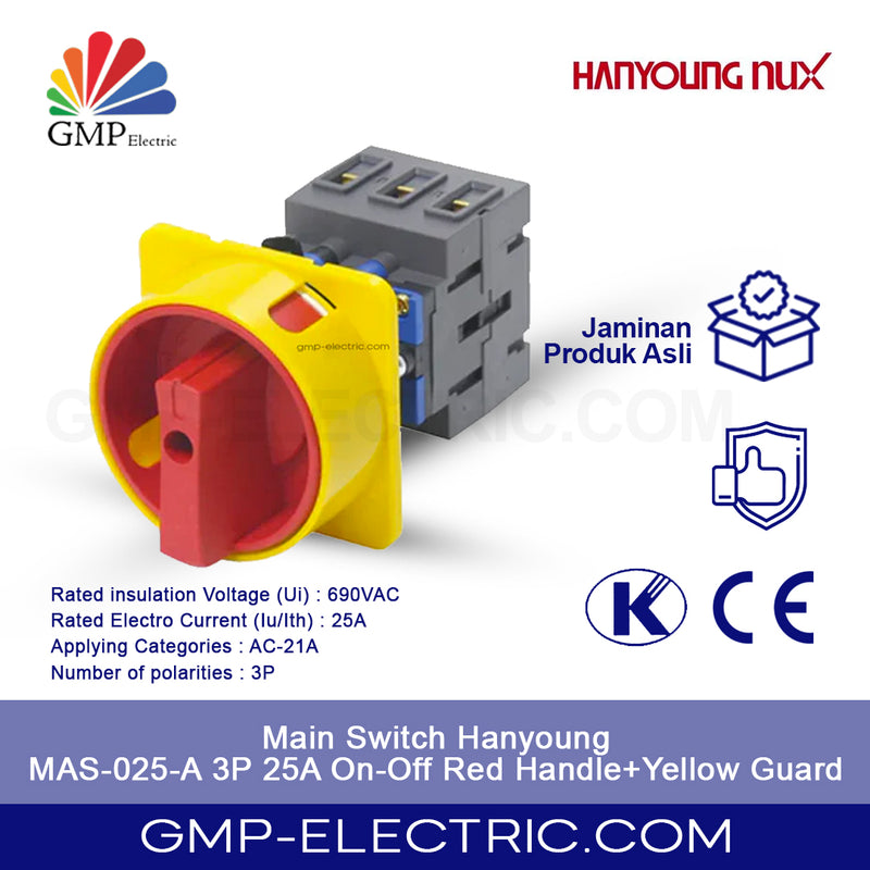 Main Switch Hanyoung MAS-025-A 3P 25A On-Off Red Handle+Yellow Guard