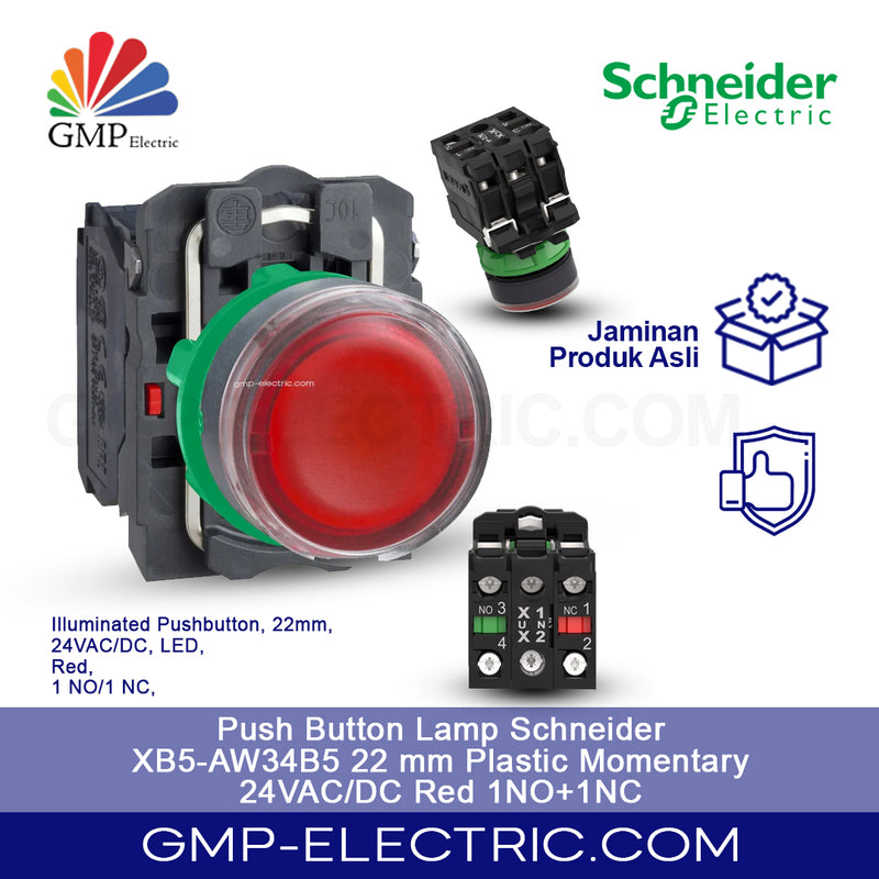Push Button Lamp Schneider XB5-AW34B5 22 mm Plastic Momentary 24VAC/DC Red 1NO+1NC