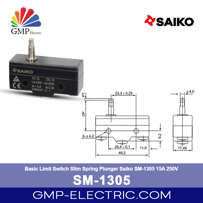 Basic Limit Switch Slim Spring Plunger Saiko SM-1305 15A 250V