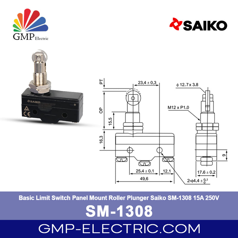 Basic Limit Switch Panel Mount Roller Plunger Saiko SM-1308 15A 250V