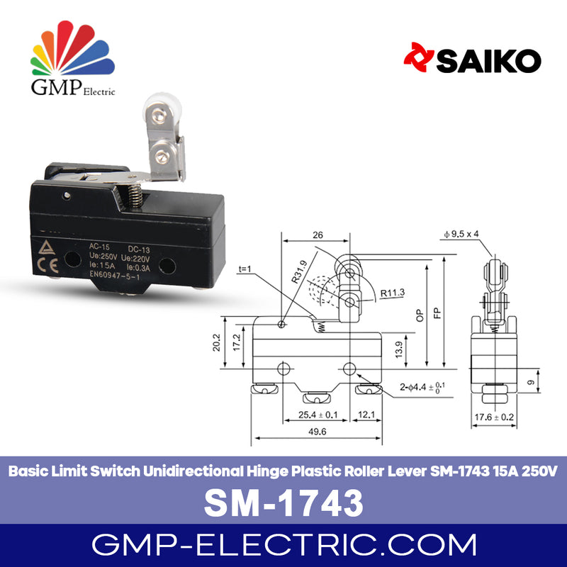Basic Limit Switch Unidirectional Hinge Plastic Roller Lever Saiko SM-1743 15A 250V