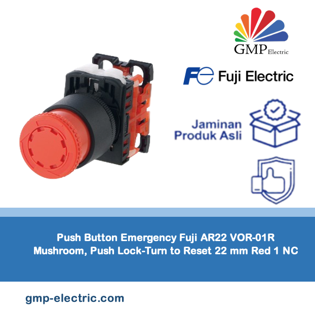 Push Button Emergency Fuji AR22 VOR-01R Mushroom, Push Lock-Turn to Reset 22 mm Red 1 NC