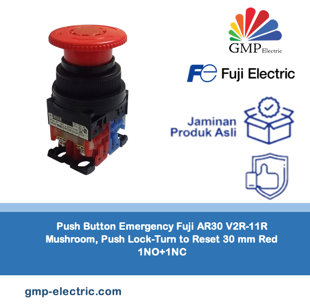 Push Button Emergency Fuji AR30 V2R-11R Mushroom, Push Lock-Turn to Reset 30 mm Red 1NO+1NC