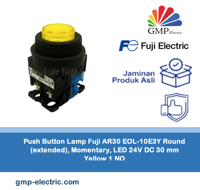 Push Button Lamp Fuji AR30 EOL-10E3Y Round (extended), Momentary, LED 24V DC 30 mm Yellow 1 NO
