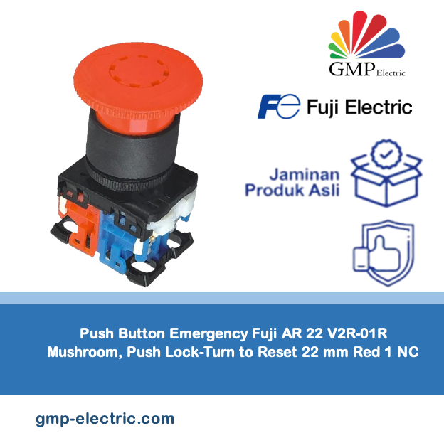 Push Button Emergency Fuji AR 22 V2R-01R Mushroom, Push Lock-Turn to Reset 22 mm Red 1 NC