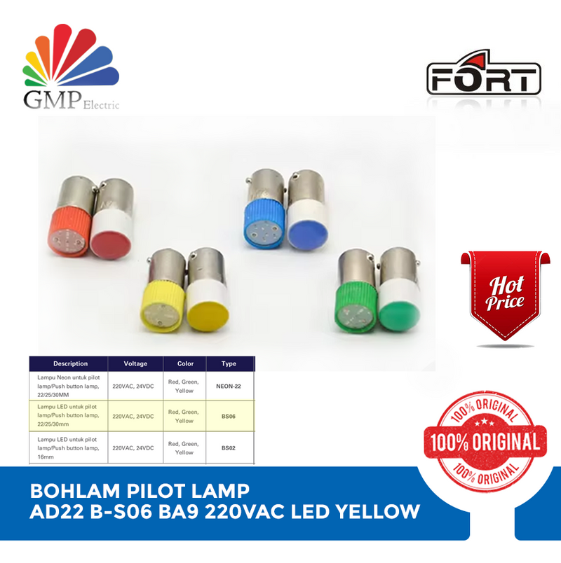 Bohlam Pilot Lamp AD22 B-S06 BA9 220VAC LED Yellow
