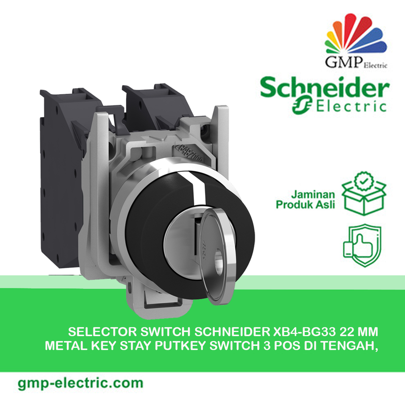 Selector Switch Schneider XB4-BG33 22 mm Metal Key Stay PutKey Switch 3 pos di tengah,