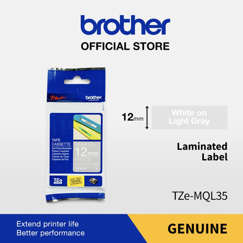 Label Tape Cassete Brother TZE-MQL35 12 mm White on Light Gray (5 Meter)