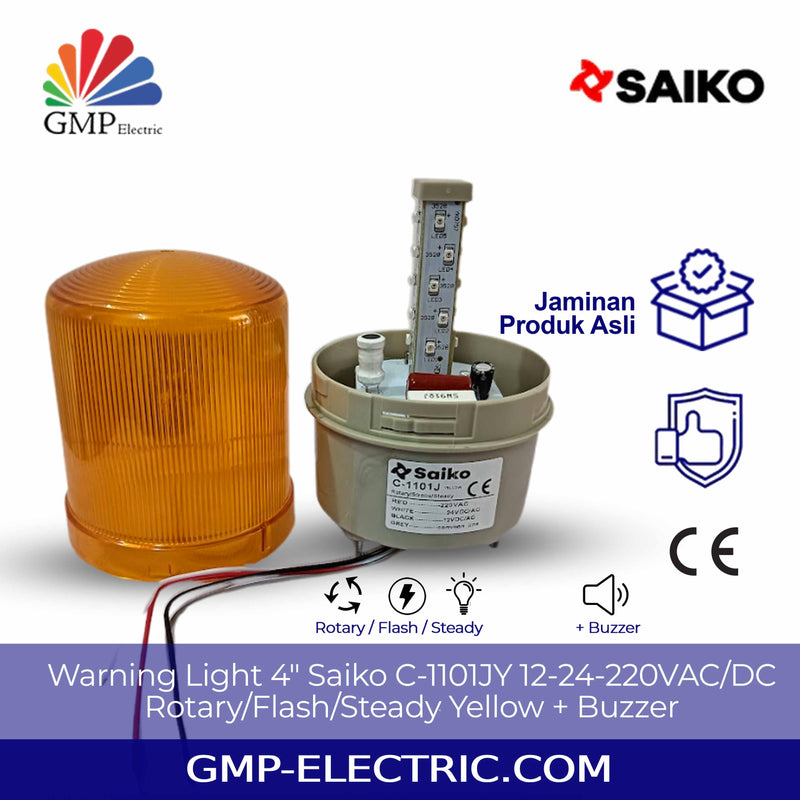 Warning Light 4" Saiko C-1101JY 12-24-220VAC/DC, Rotary/Flash/Steady Yellow + Buzzer