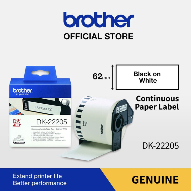 Brother DK-22205 Continuous Paper Label Roll, Black on White, 62mm (30.48m)