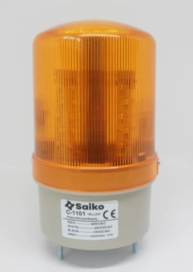 Warning Light 4" Saiko C-1101JY 12-24-220VAC/DC, Rotary/Flash/Steady Yellow + Buzzer