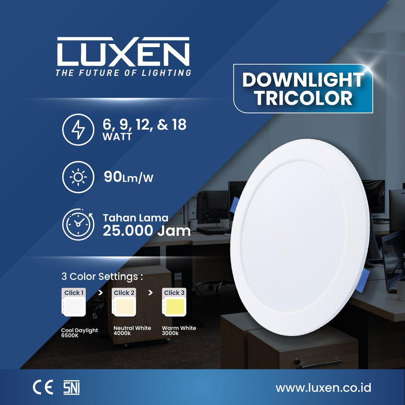 Lampu Luxen Downlight LED Tricolor IB Bulat 18W 30/40/65K DL18SQCDL 6"