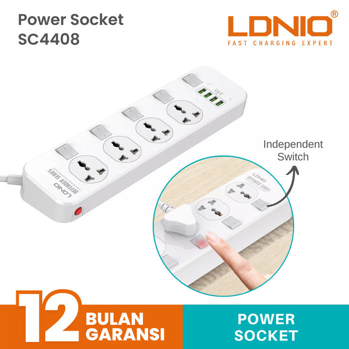 Kabel Extension Ldnio SC4408, 4 Universal Socket+Individual Switch+ 4USB 3.4A, 2500W-2Mtr White
