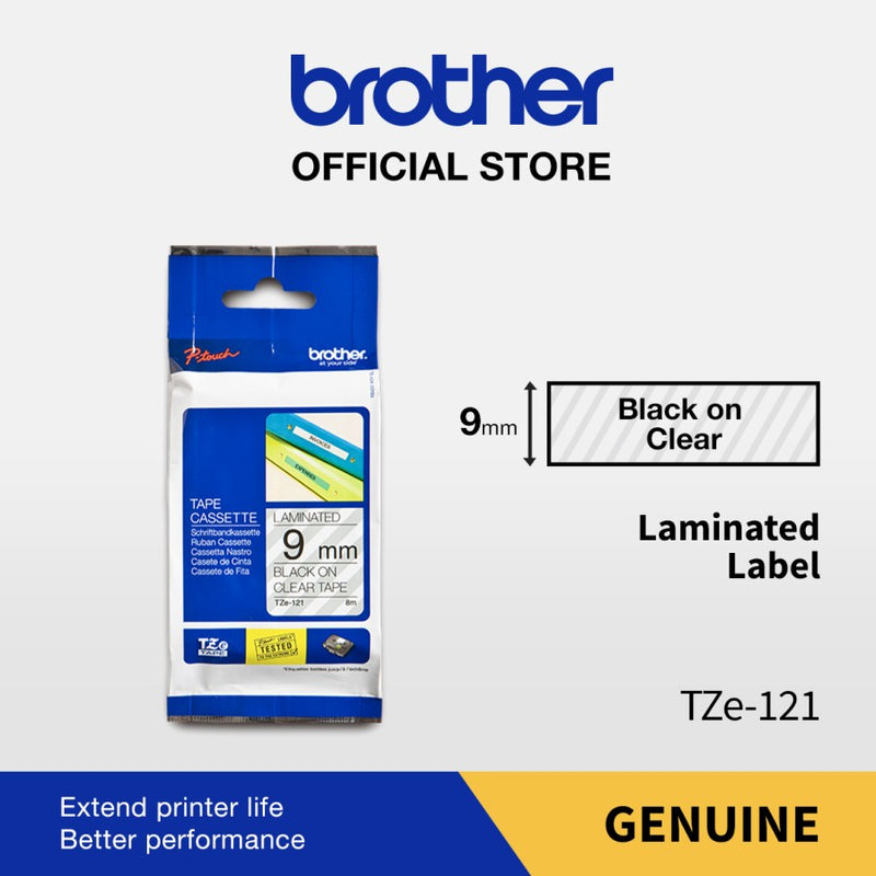 Label Tape Cassete Brother TZE-121 9 mm Black on Clear