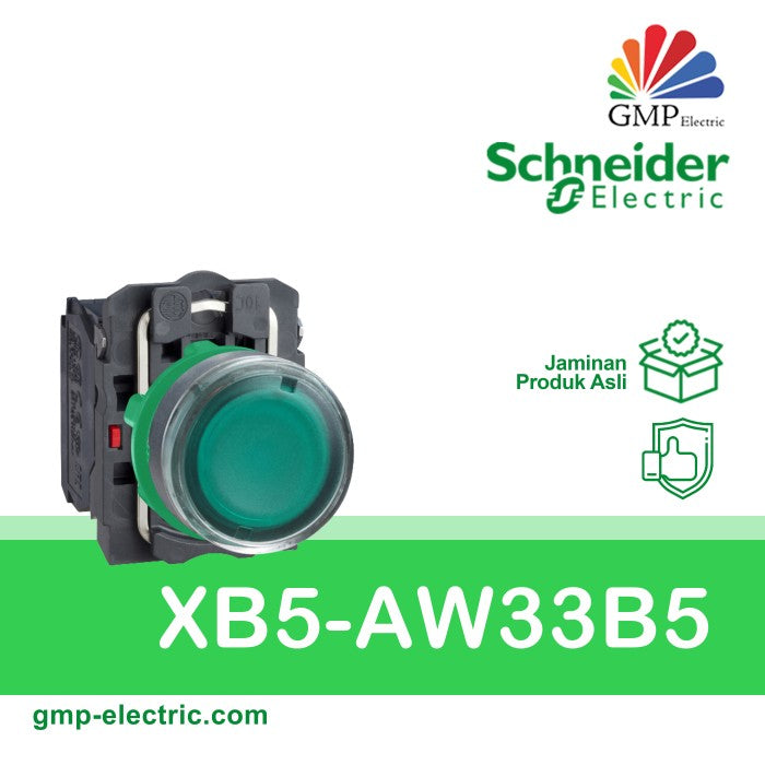 Push Button Lamp Schneider XB5-AW33B5 22 mm PlasticMomentary24VAC/DC Green 1NO+1NC