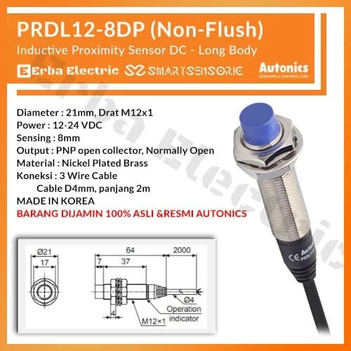 Proximity Sensor Autonics PRDL12-8DP M12 12-24 VDC 3-wire Sensing 8 mm 3 Wire NC Spatter Resis