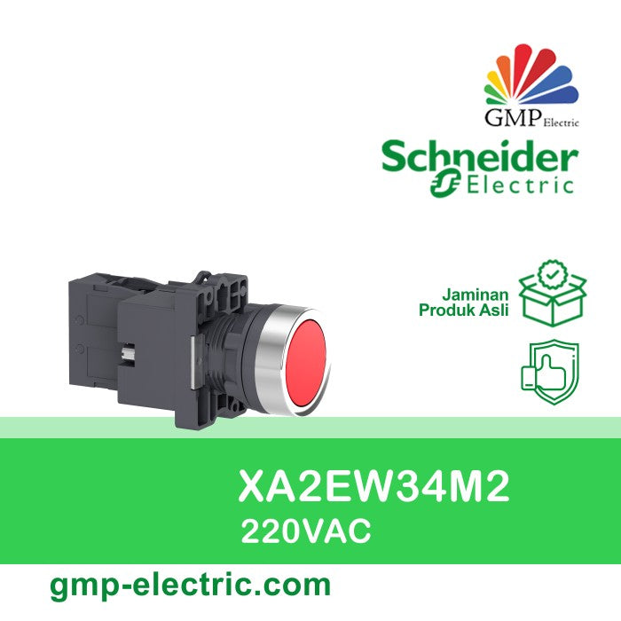 Push Button Lamp Schneider XA2EW34M2 22 mm Plastic Momentary 220VAC Red 1NC