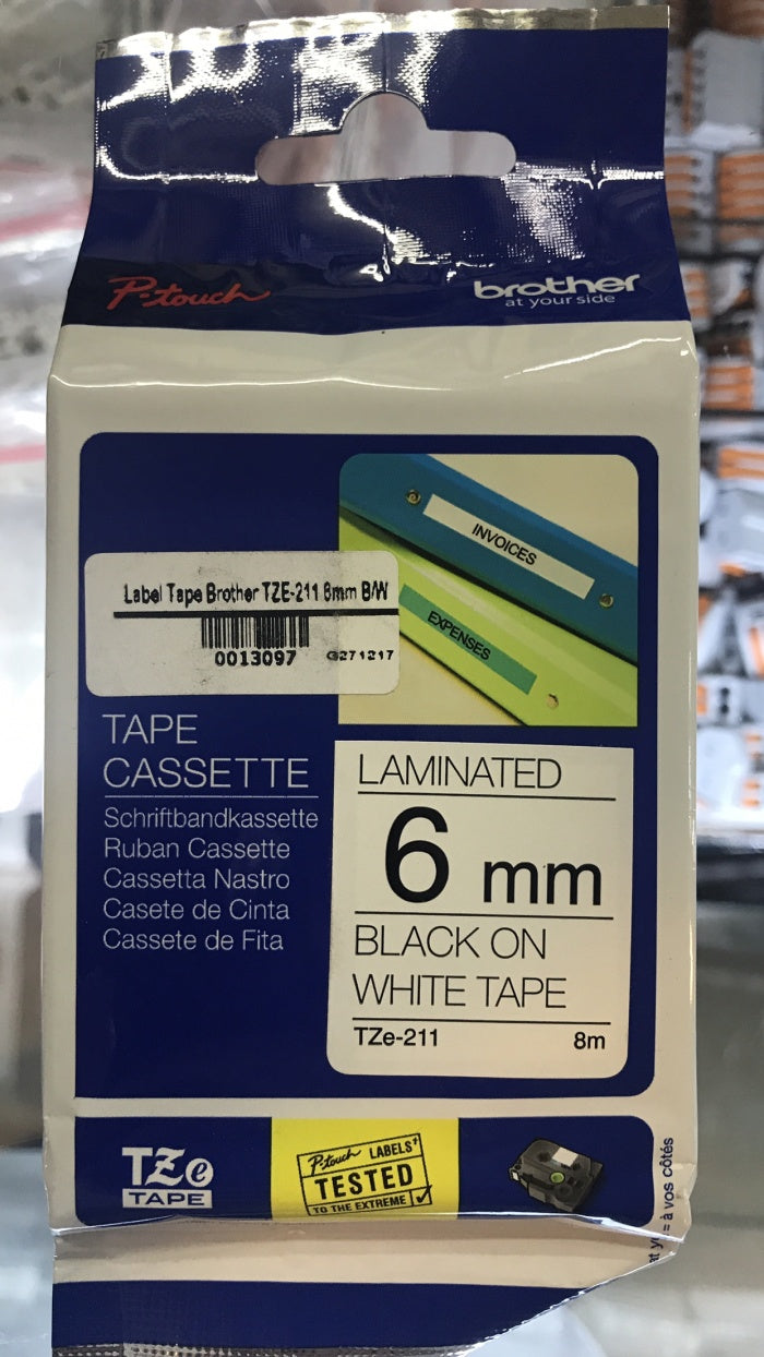 Label Tape Cassete Brother TZE-211 6 mm Black on White