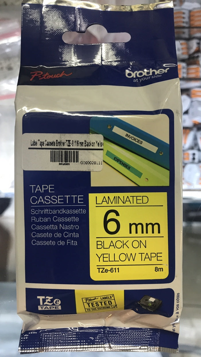 Label Tape Cassete Brother TZE-611 6 mm Black on Yellow