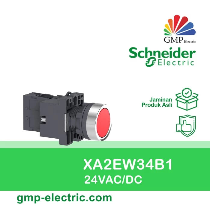 Push Button Lamp Schneider XA2EW34B1 22 mm Plastic Momentary 24VAC/DC Merah 1NO
