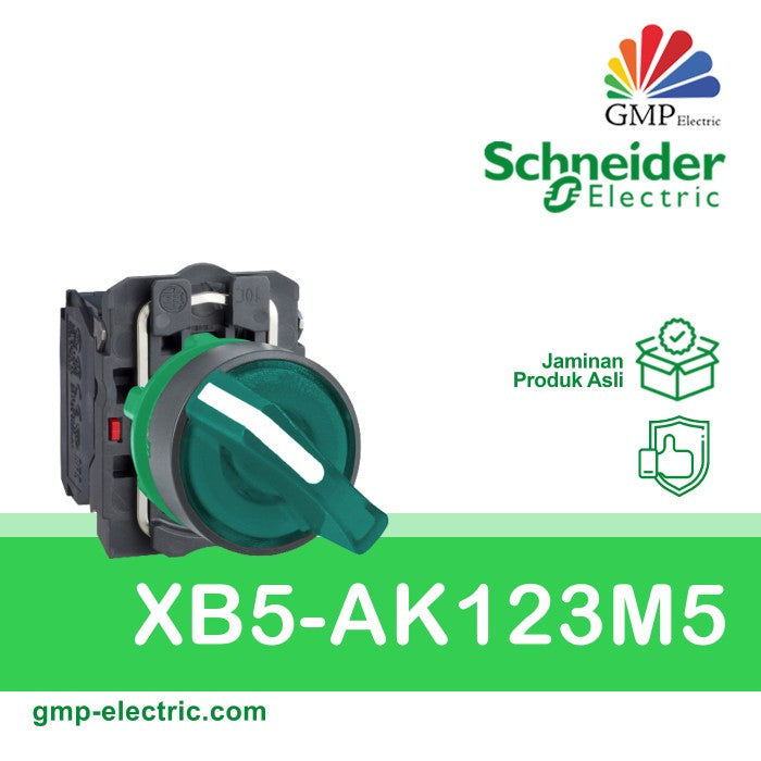Selector Lamp Schneider XB5-AK123M5 22 mm Plastic 2Posisi Stay Put 220VAC Green 1NO+1NC