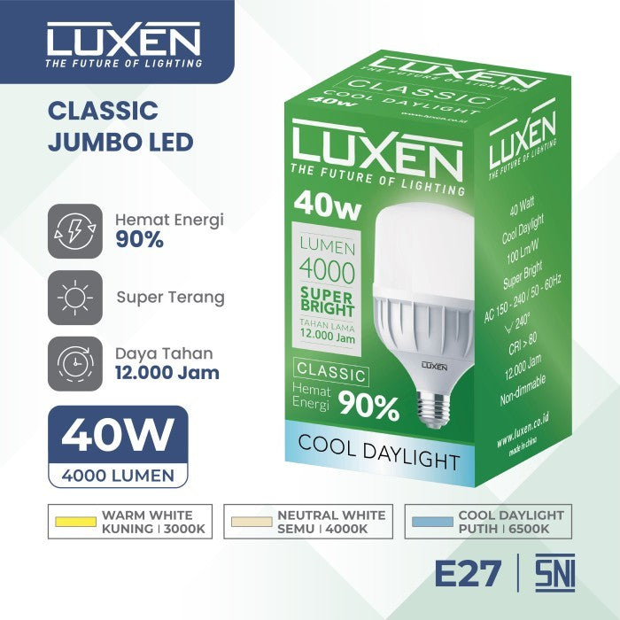 Lampu LED Bulb Luxen Classic Capsul 40W CDL E27 150-240V 100LM/W 6500K