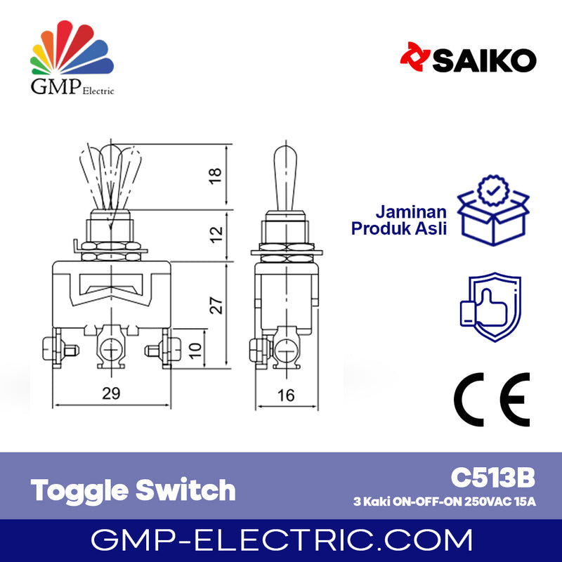 Toggle Switch Saiko 3 Kaki ON-OFF-ON 250VAC 15A C513B