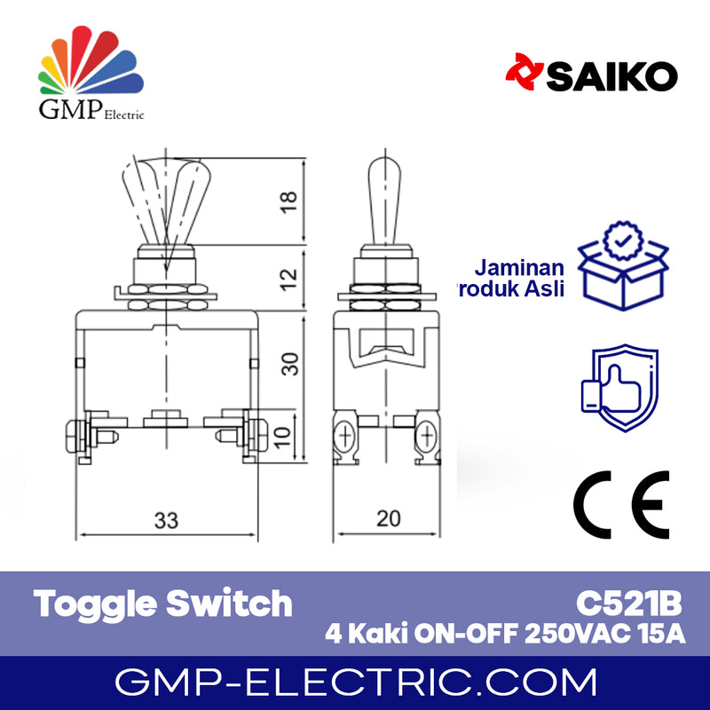 Toggle Switch Saiko 4 Kaki ON-OFF 250VAC 15A C521B