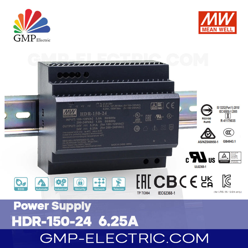 Power Supply Mean well HDR-150-24 6.25A Din Rail, Black / meanwell