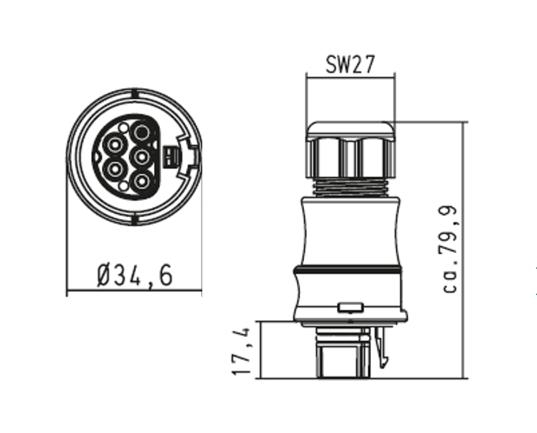 RST Classic 20i4 Connector Male Wieland 4P 20A 250/400V Black (96.042.4153.1) 4x2.5mm