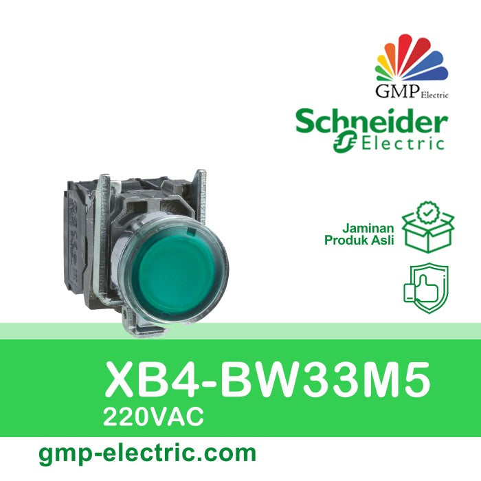 Push Lamp Schneider XB4-BW33M5 22 mm Metal Momentary 220VAC Green 1NO+1NC