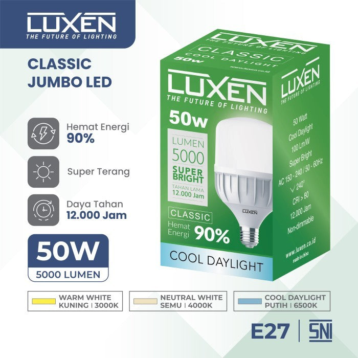 Lampu LED Bulb Luxen Classic Capsul 50W CDL E27 150-240V 100LM/W 6500K
