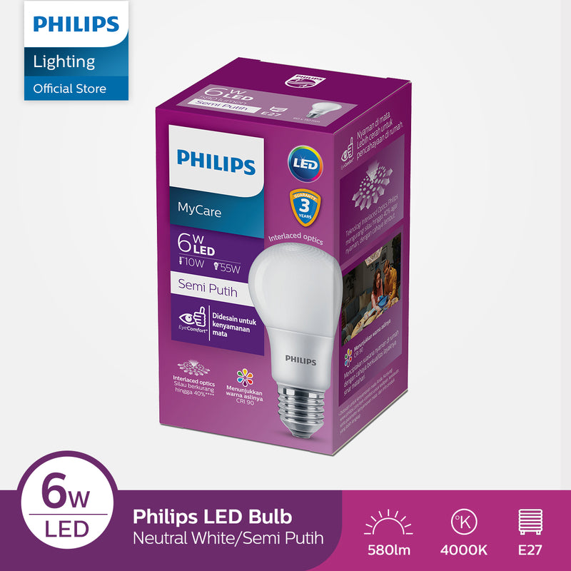 Lampu LED Philips E-27 6-50W/6-55W White A60 Mycare